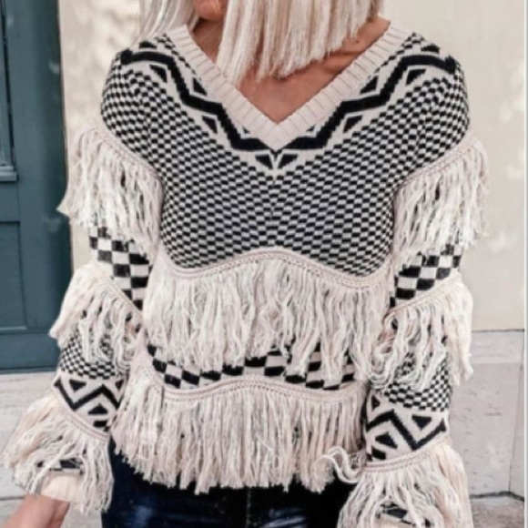 Briggs Checkered Fringe Knit Sweater - Picture 2 of 3
